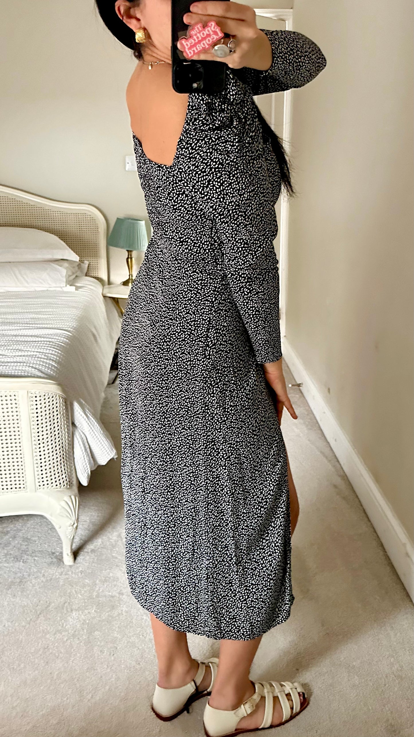 & other stories black white sprinkles print side split midi event day dress small UK 10