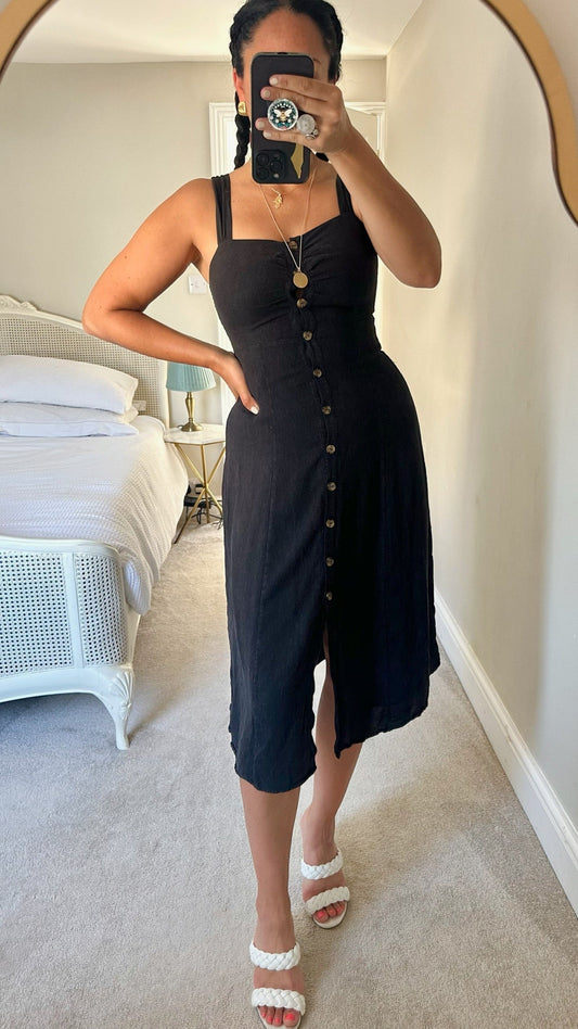 & other stories black button up linen blend dress small large UK 8 16 vgc