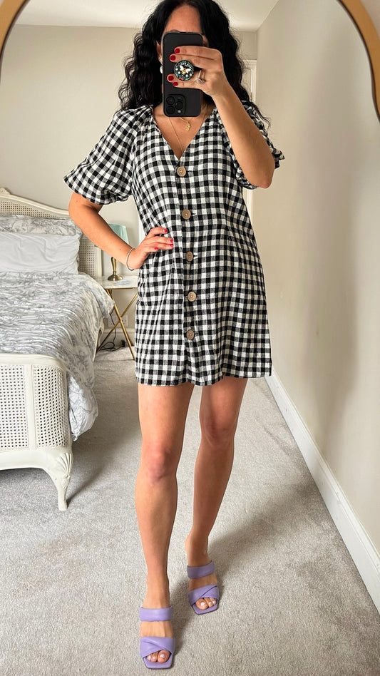 Zara black and white gingham button up mini dress small UK 6 8 10 linen blend new