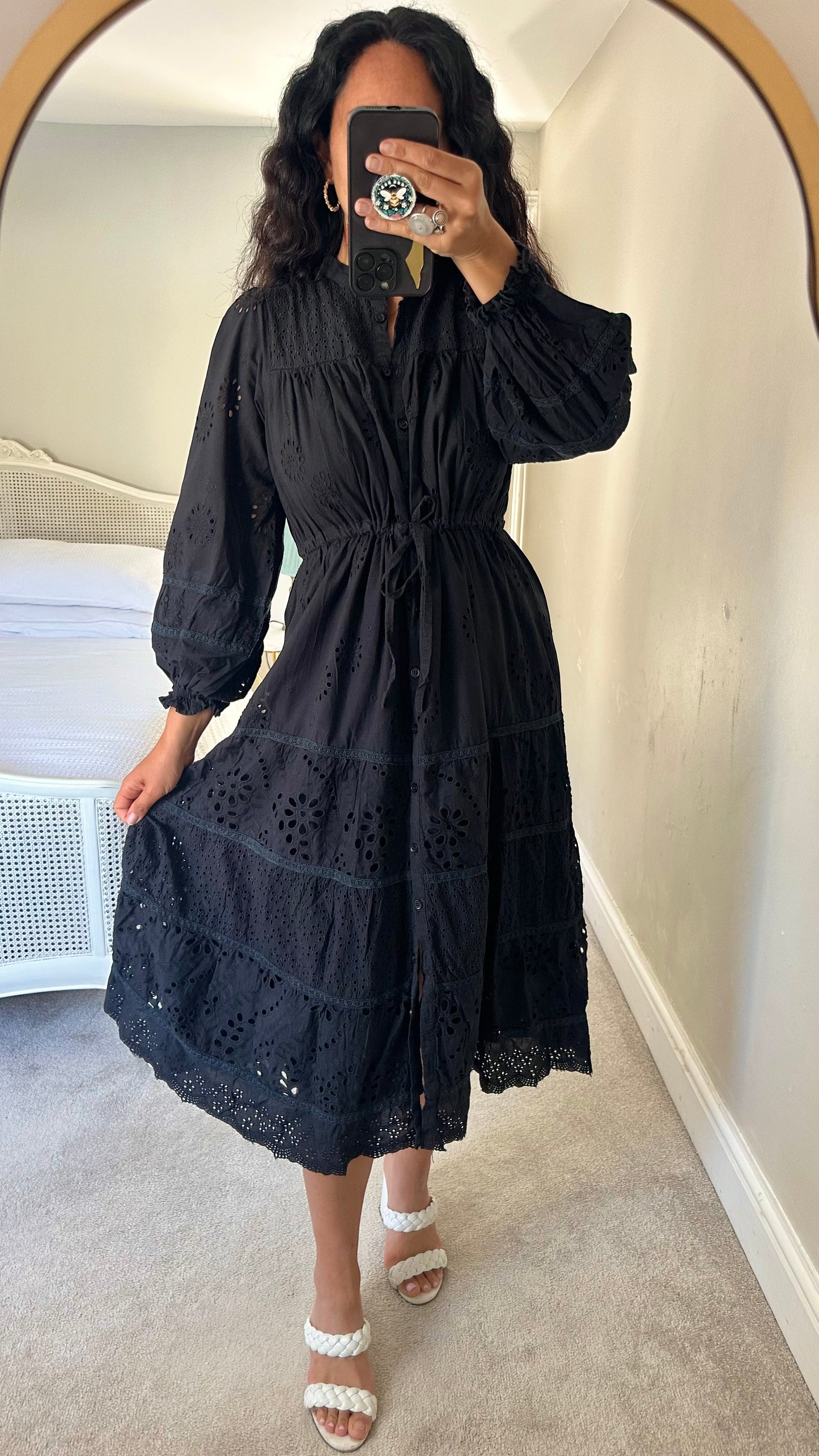Warehouse black broderie anglaise button up long midi dress medium UK 10 vgc