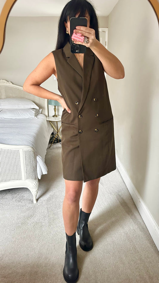 Second Female @ Anthropologie Copenhagen chocolate brown long waistcoat/ dress small S UK 8-10 vgc