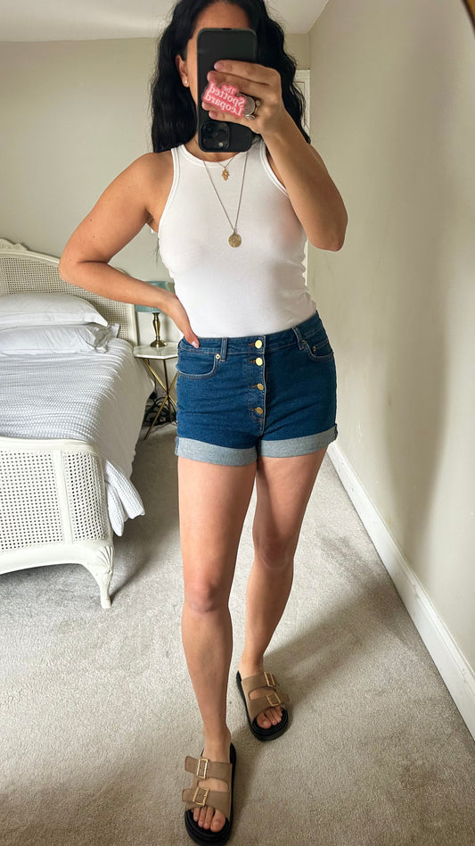 & other stories navy blue high waisted shorts button up small medium UK 10-12 vgc