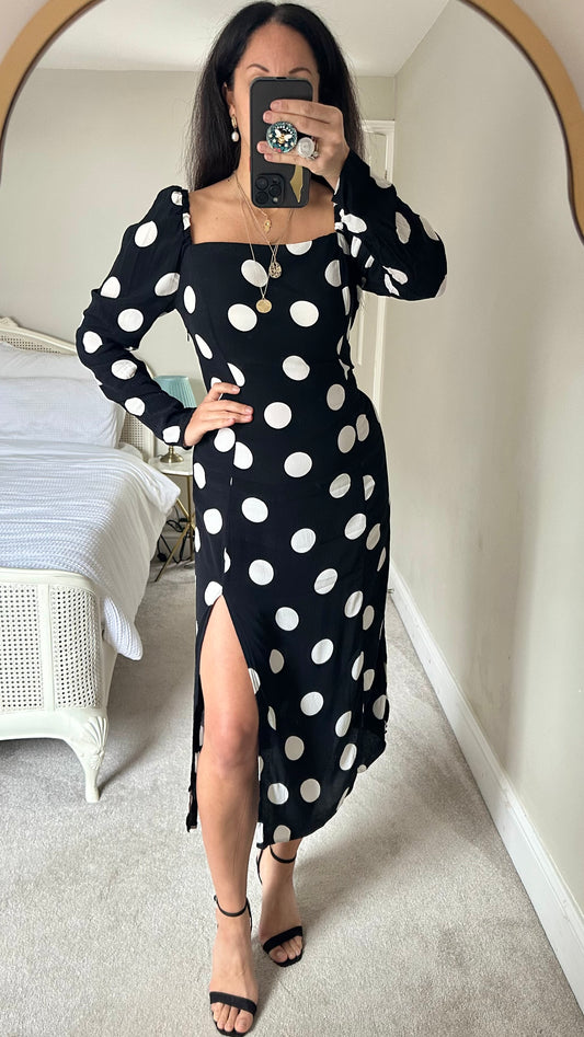 Nobody’s Child black white polka dot side split event midi dress large UK 12 vgc