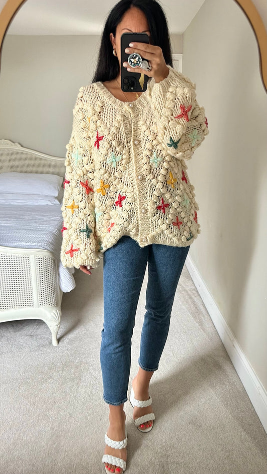 Jovonna london cream pink metallic chunky bobble knit oversized cardigan extra large UK 12-14 vgc