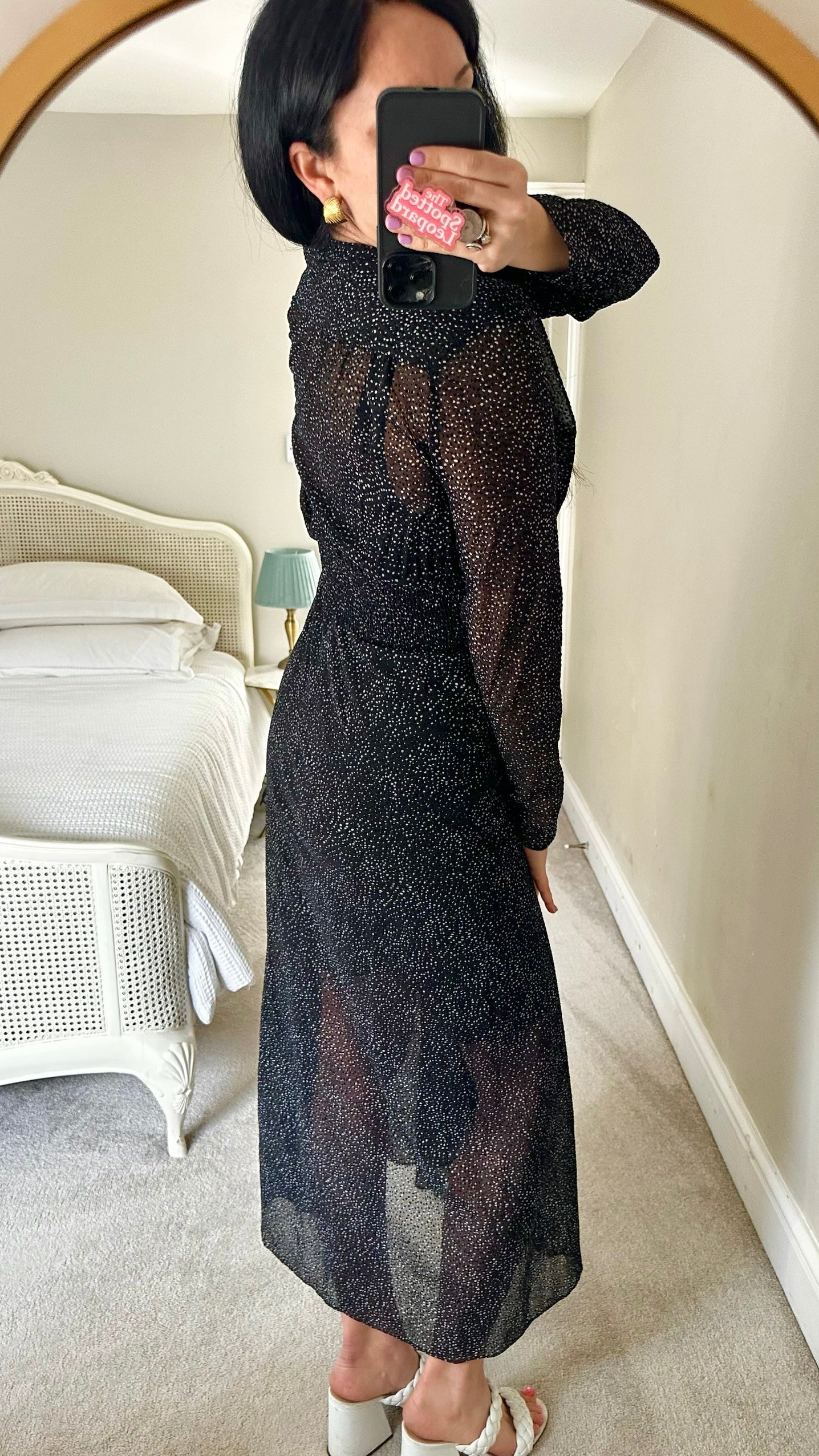 Maje black white polka dot shirt bust maxi event evening dress small UK 10 vgc