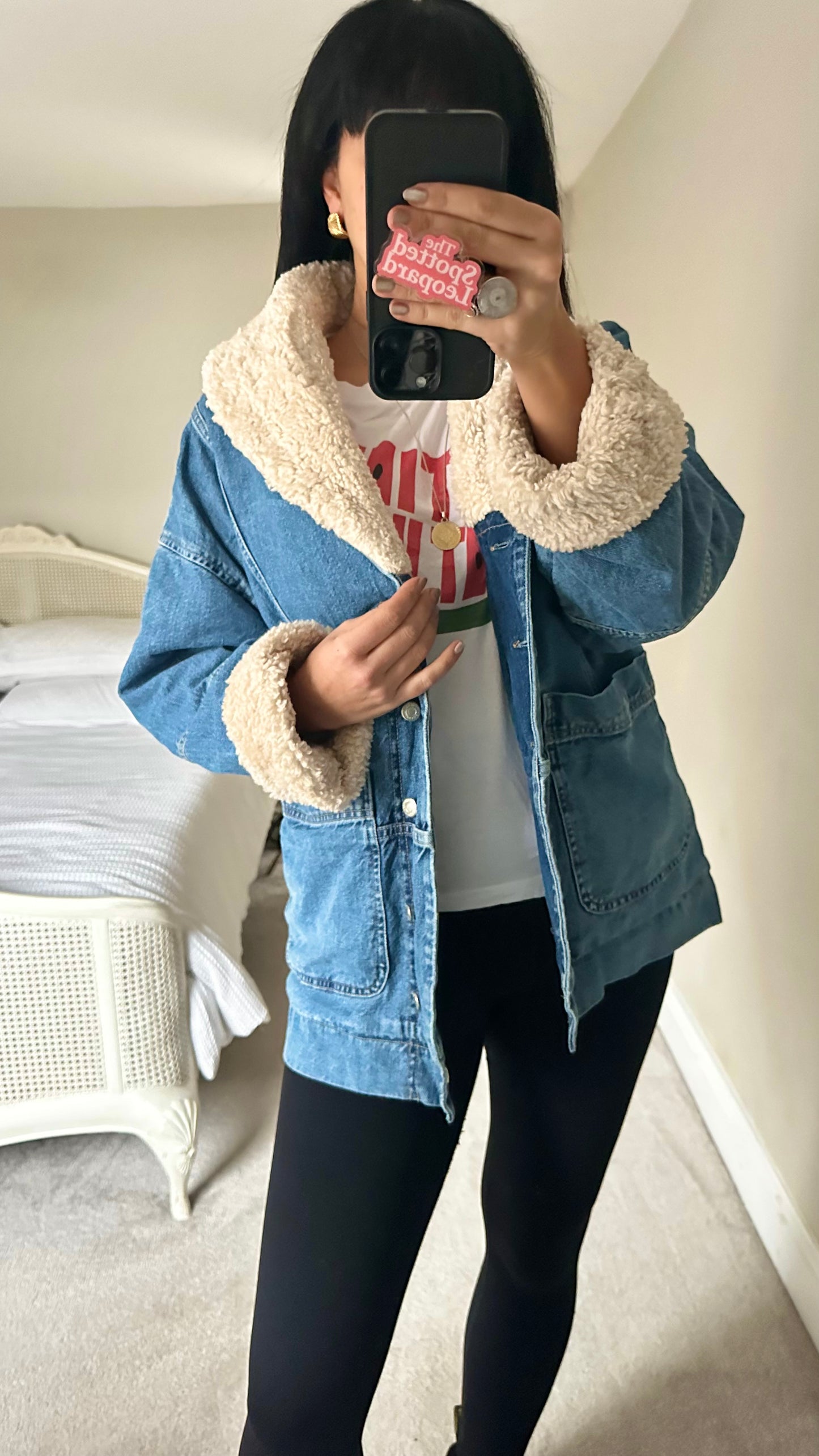 Topshop blue denim faux shearling jacket quilted coat small UK 8-10 oversized vgc