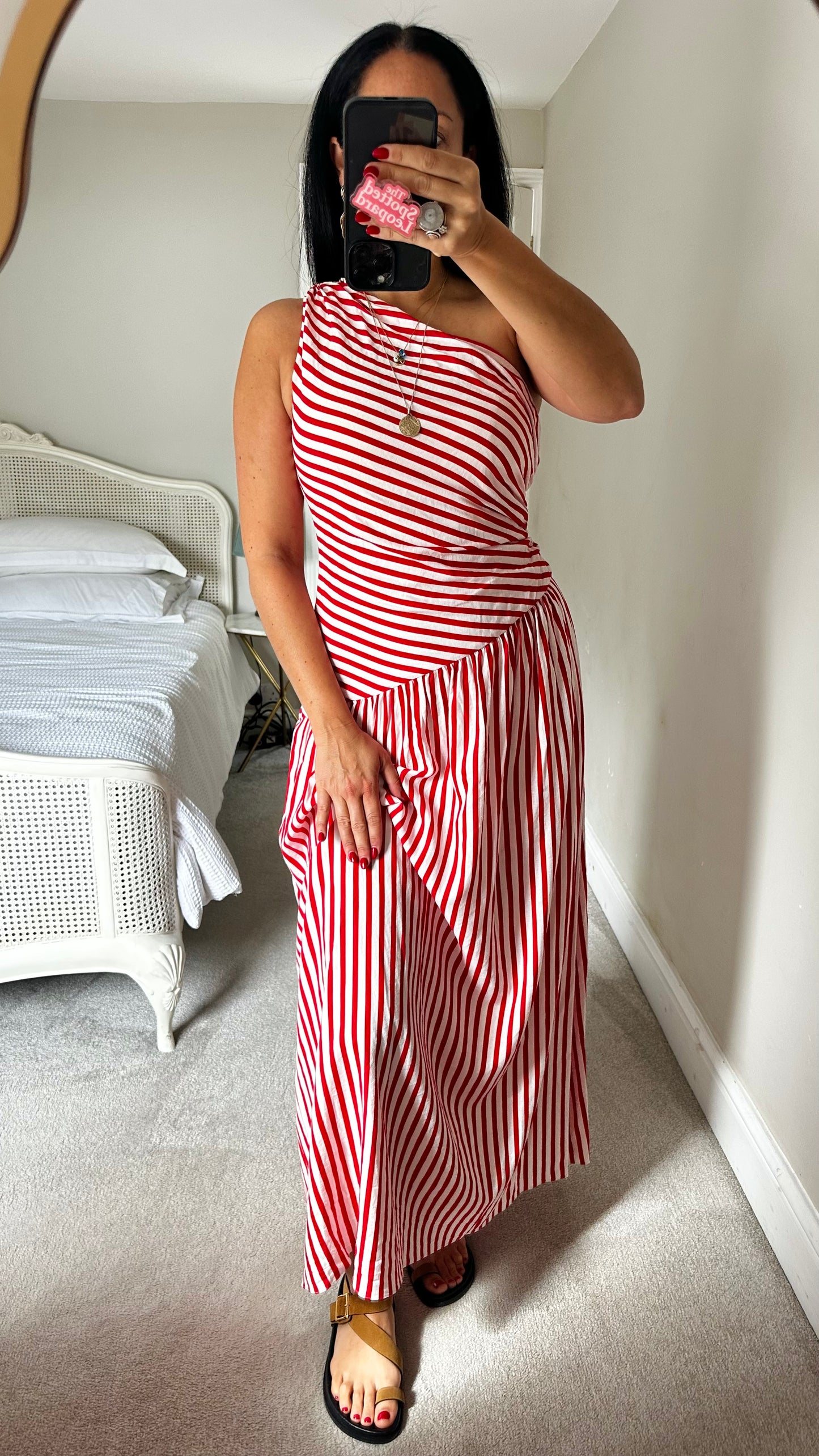Ro & Zo red white stripe one shoulder maxi long dress medium UK 12 vgc holiday linen blend