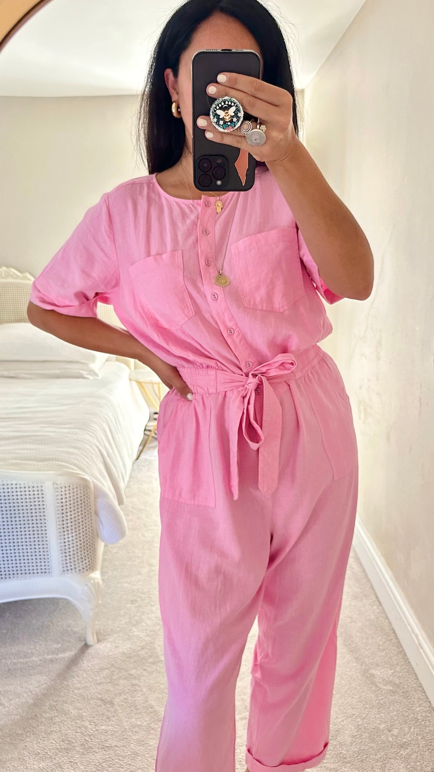 Oliver bonas rose pink linen blend boiler suit jumpsuit small large UK 8 12 vgc