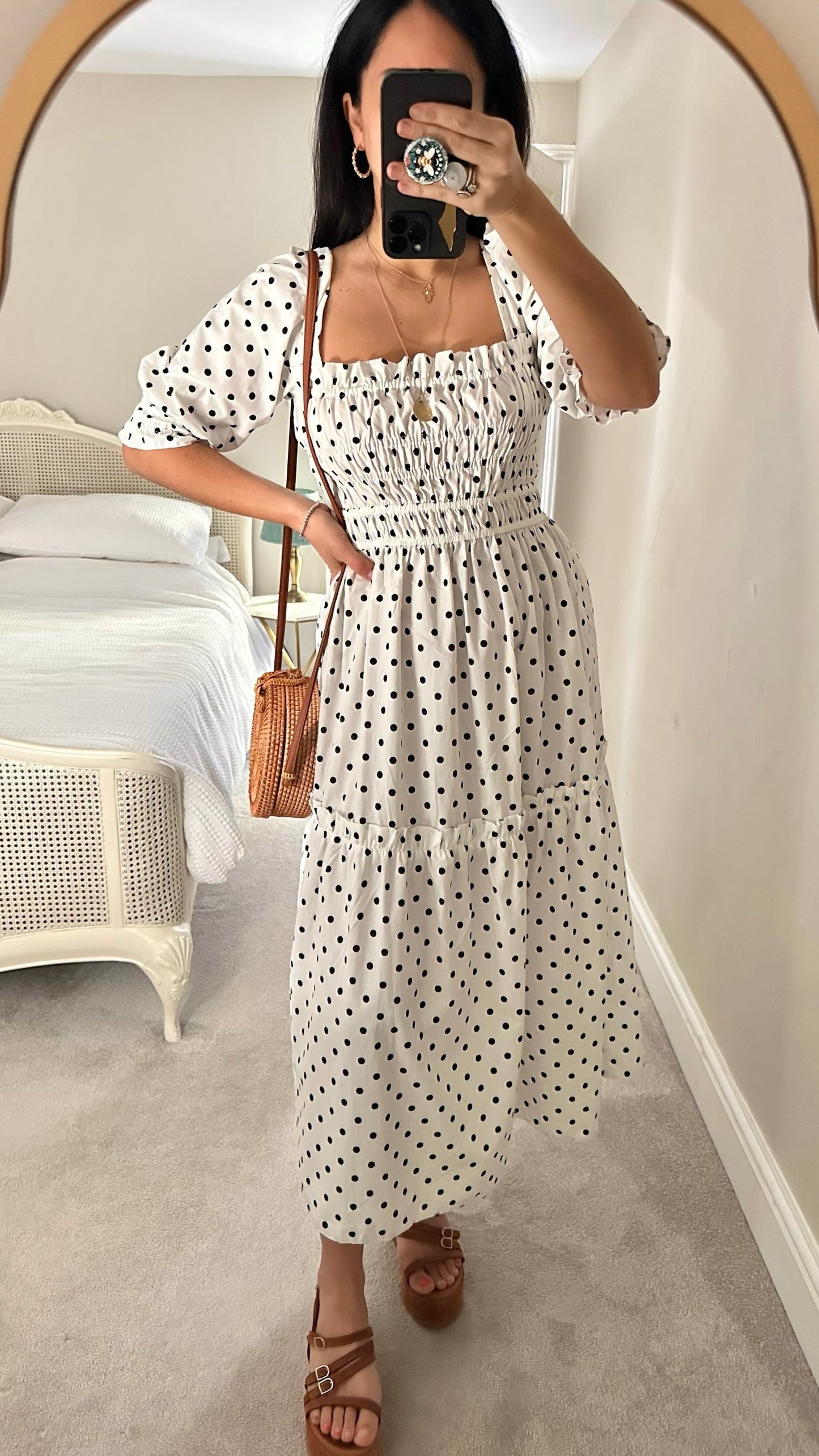 Topshop black white polka dot shirred bust midi sun dress small UK 8