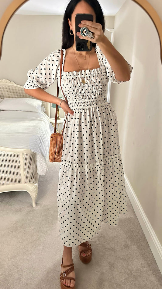 Topshop black white polka dot shirred bust midi sun dress small UK 8