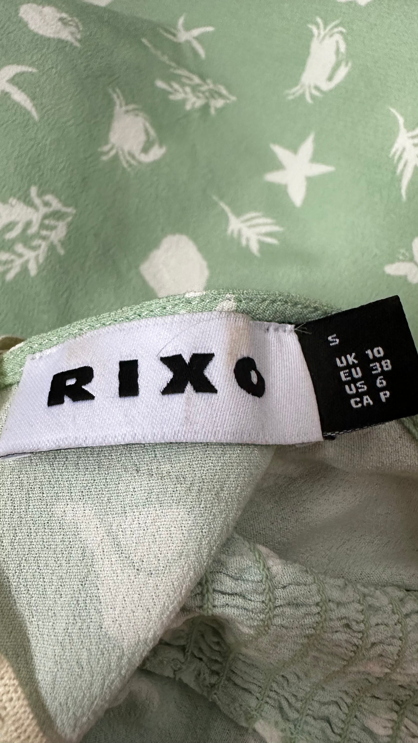 RIXO light mint green beach scene crabs seaside dress midi long UK 10 vgc event wedding guest