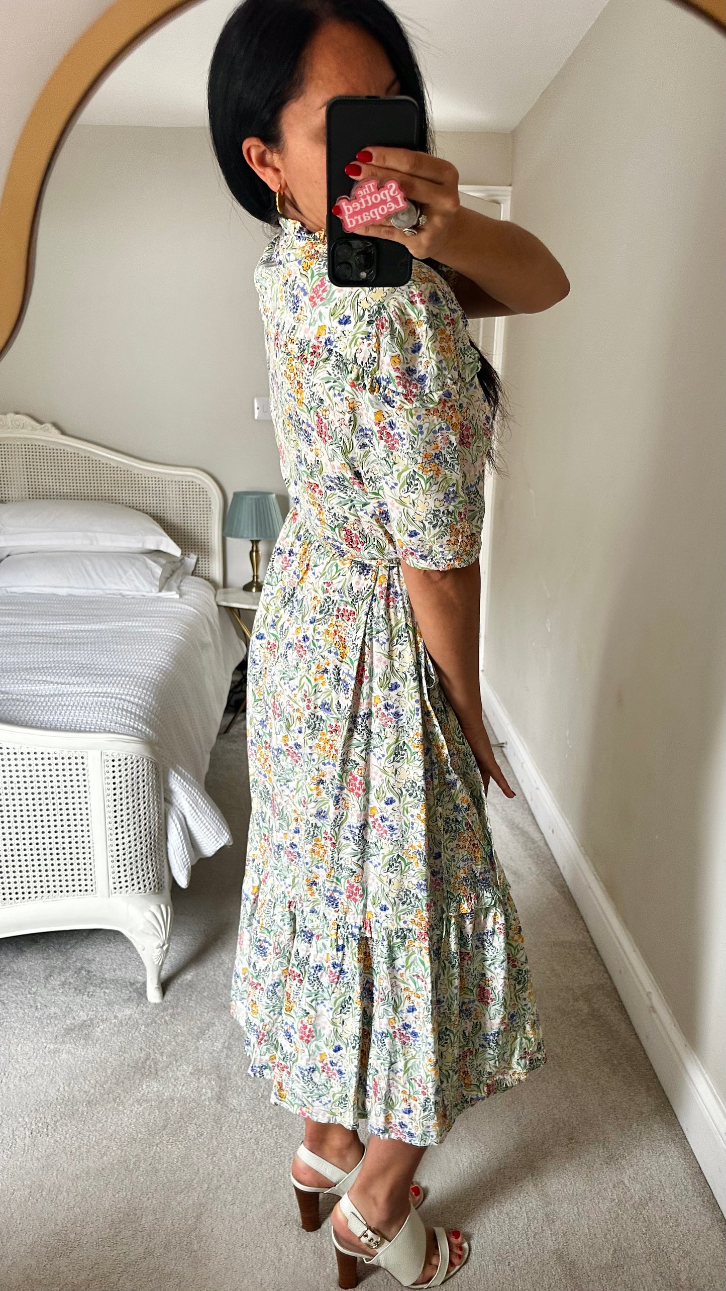 Albaray white blue green floral wrap midi dress medium UK 14 event