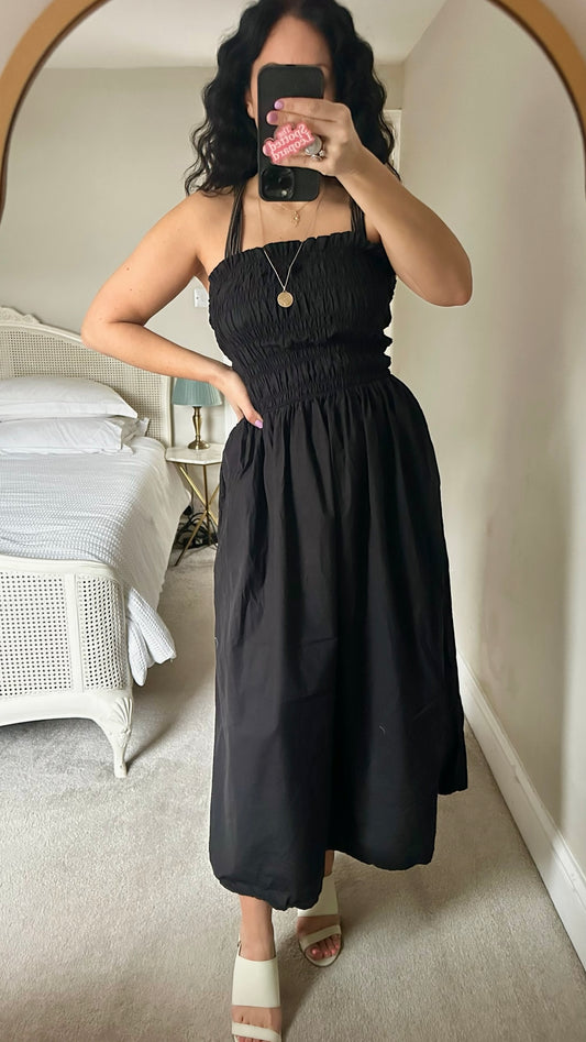 Zara black shirred bust cotton holiday midi dress small UK 8-10 vgc