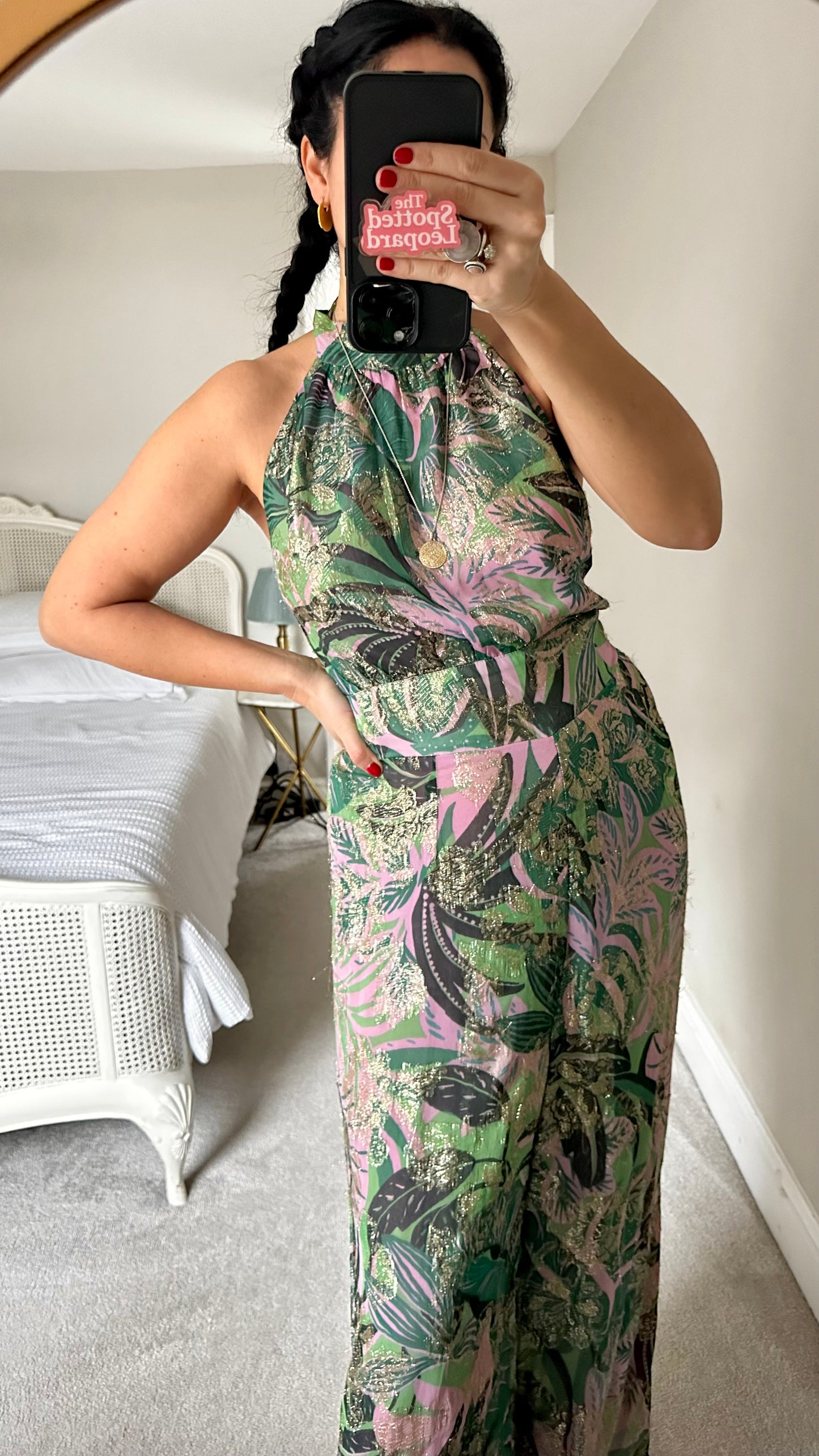 Oliver Bonas green pink gold jungle print halterneck jumpsuit trousersuit small UK 10 wedding guest event vgc