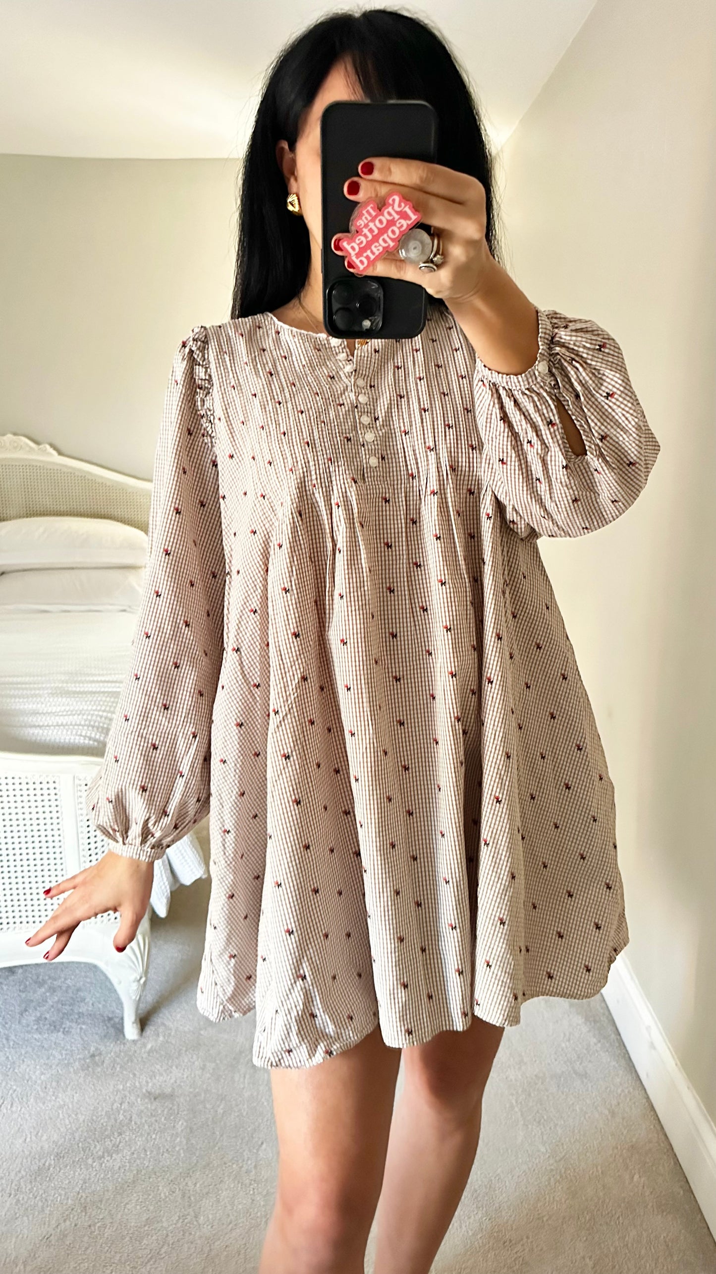 & other stories cream beige gingham check rose embroidered mini swing dress medium UK 14 vgc