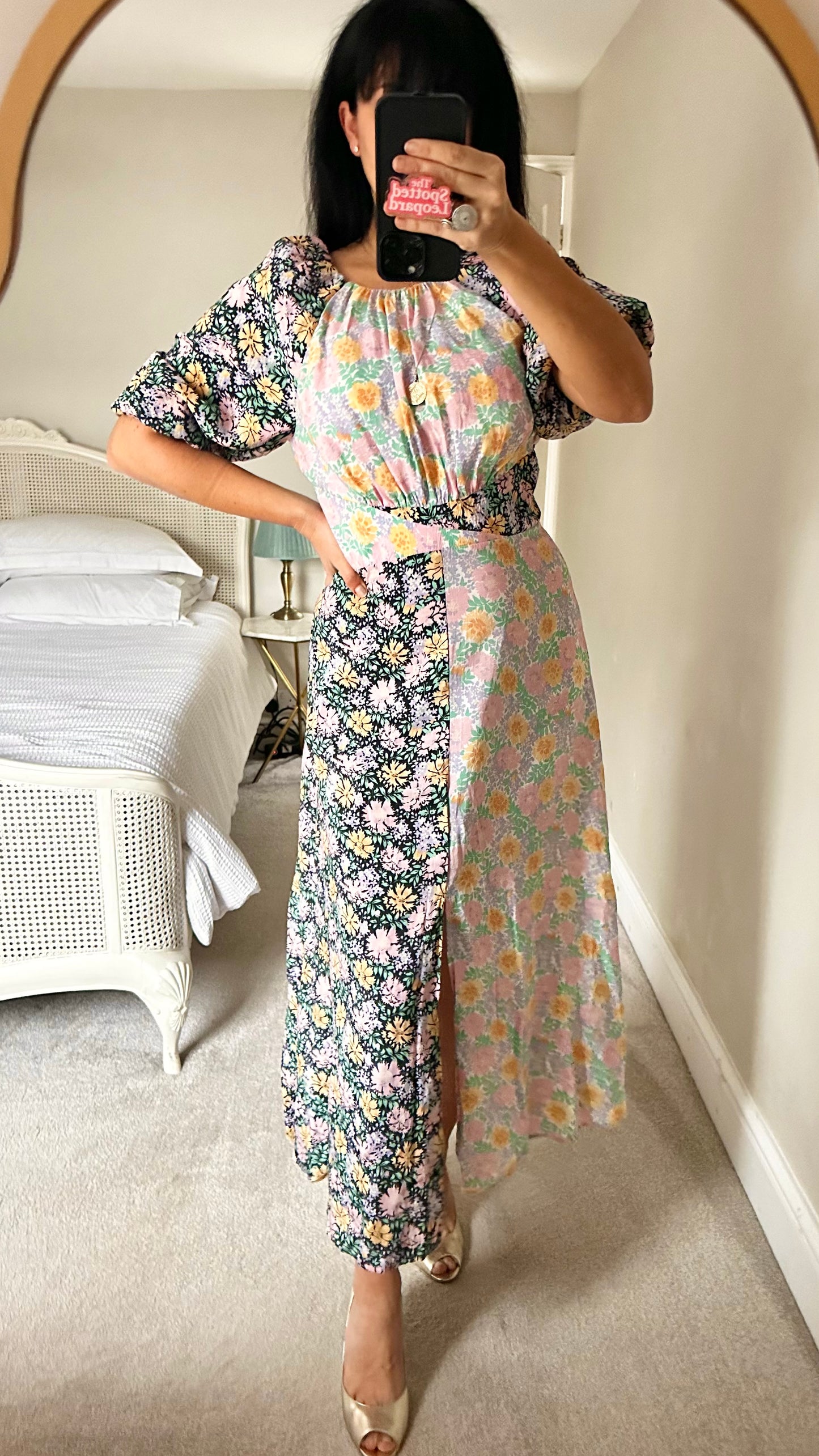 Nobody’s Child black yellow pink floral midi front split dress small UK 10 vgc