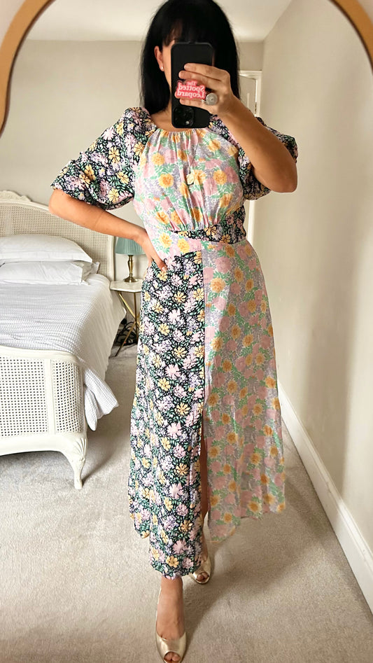 Nobody’s Child black yellow pink floral midi front split dress small UK 10 vgc