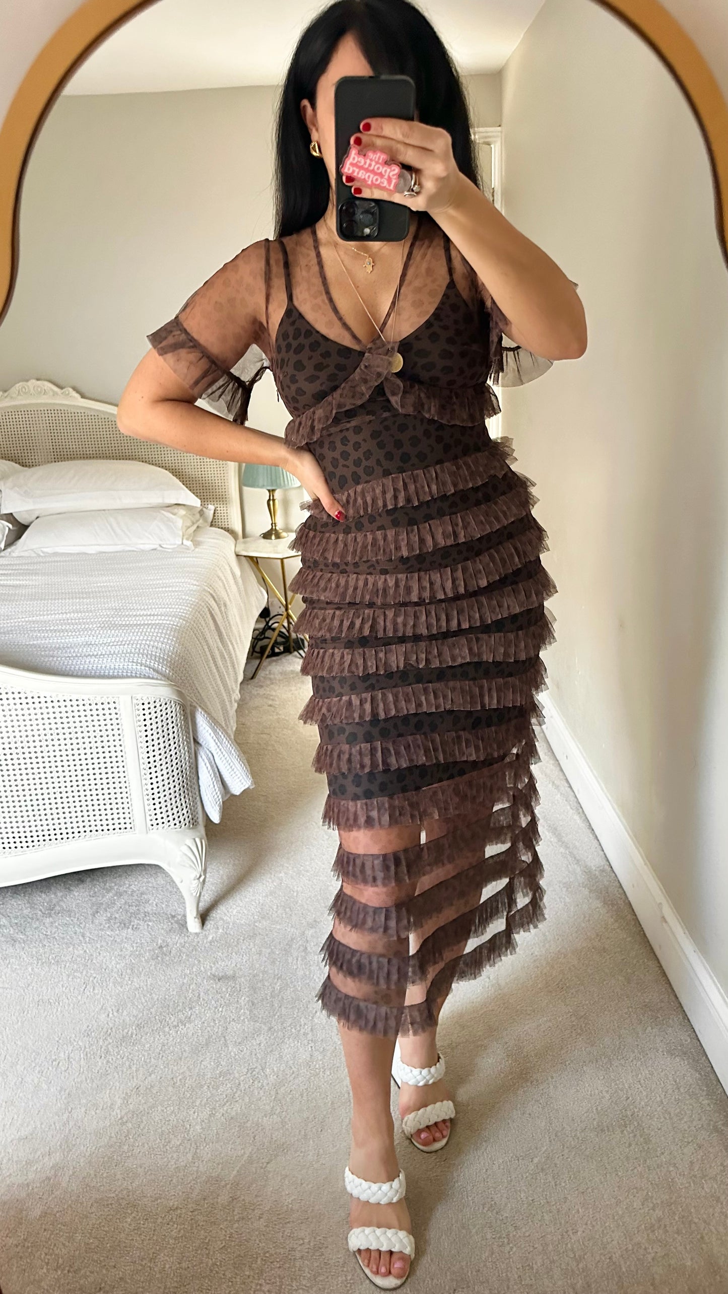 Never fully dressed brown black leopard print frill midi long dress small UK 10 vgc