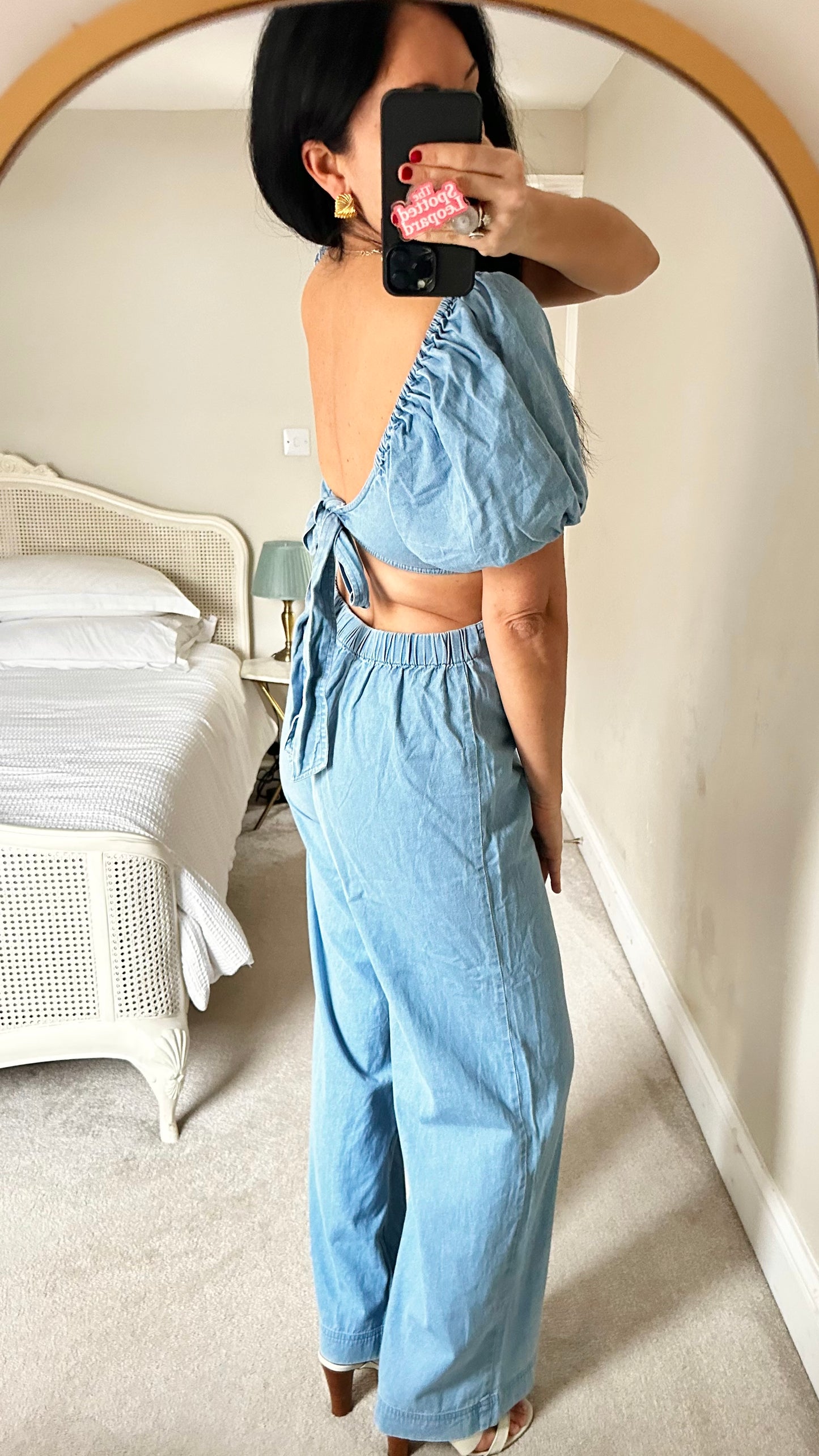 Warehouse light blue denim backless jumpsuit playsuit trousersuit Jean medium UK 12 vgc