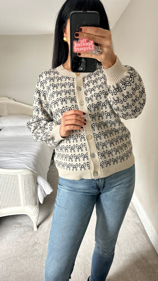 ICHI stone black ribbon bow print jumper cardigan medium UK 12 vgc