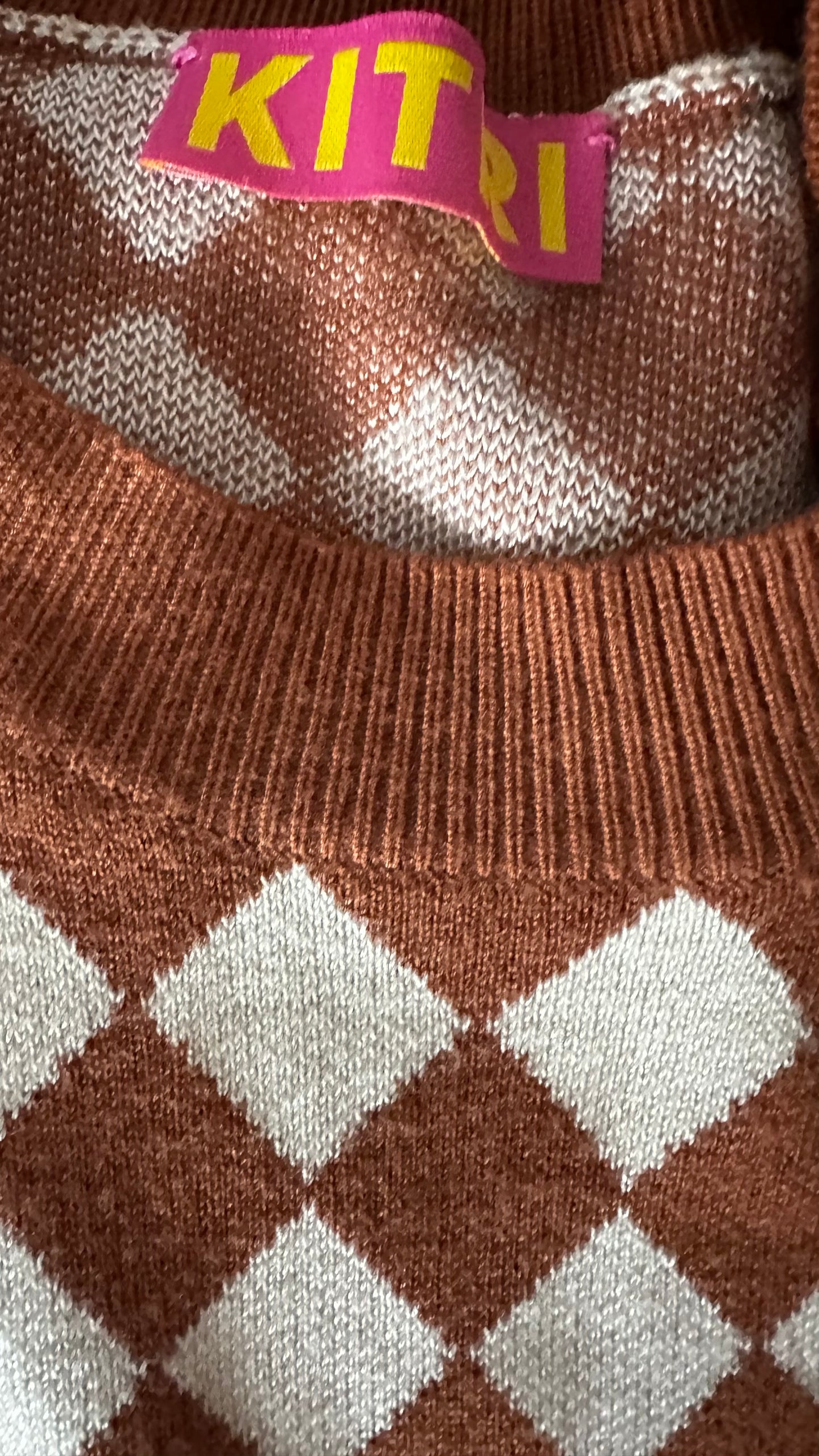 Kitri brown cream checkered midi long dress event large UK 14 vgc