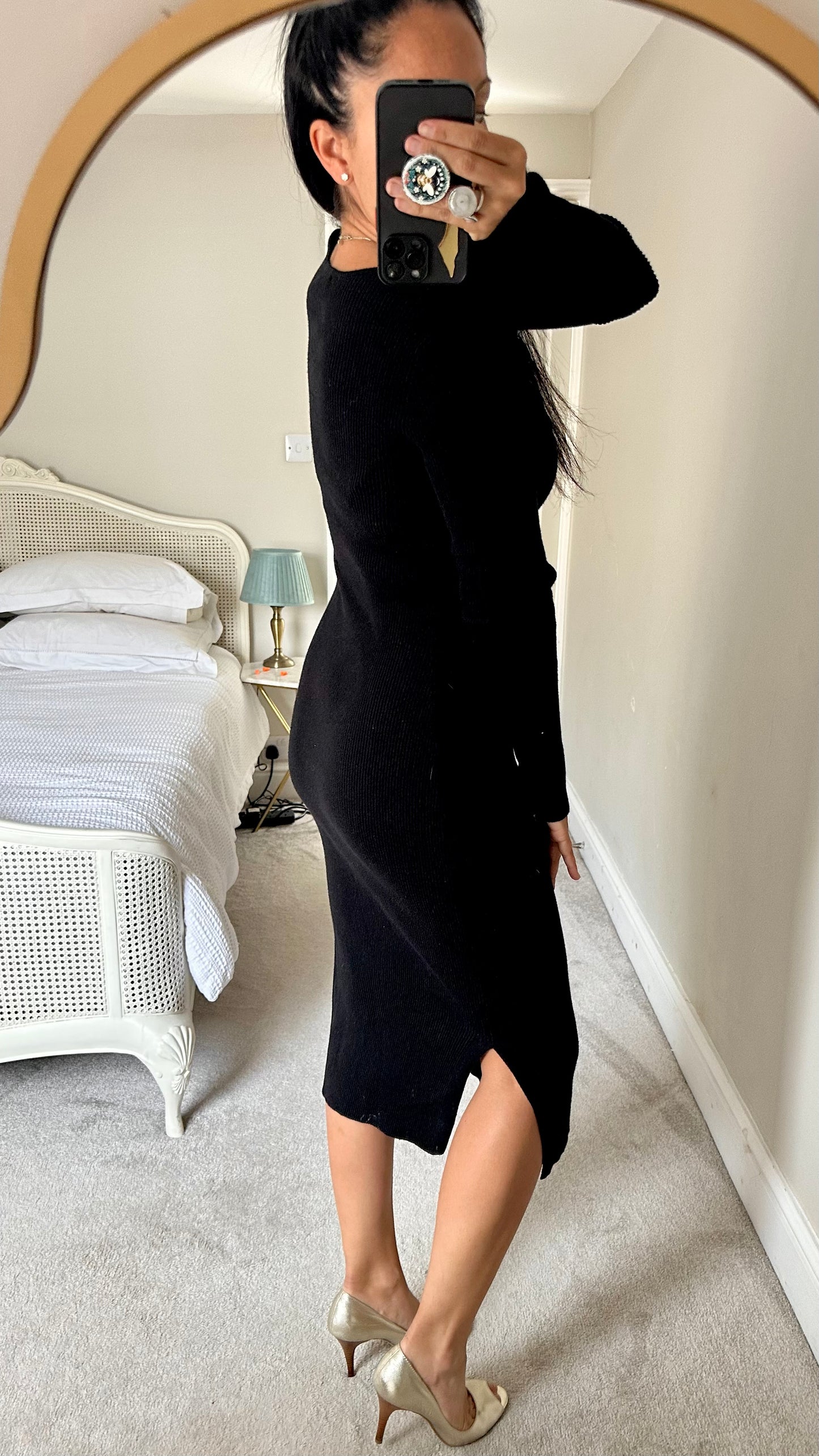 Nobody’s Child black ribbed knitted midi jumper dress large UK 12 vgc w25
