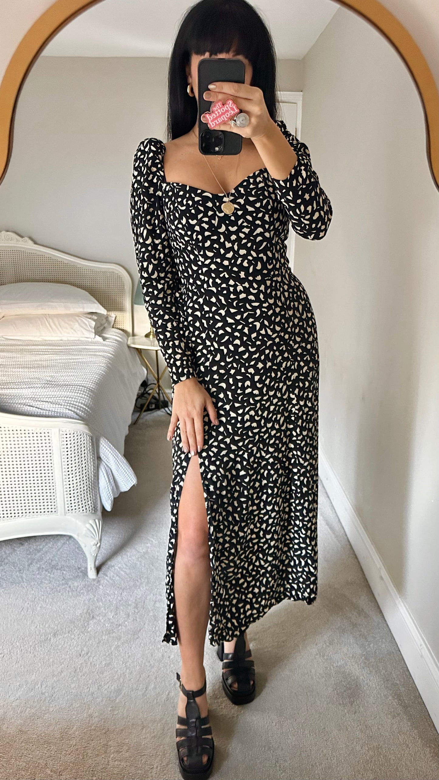 & other stories black cream abstract side split squiggle midi event dress small UK 8 vgc