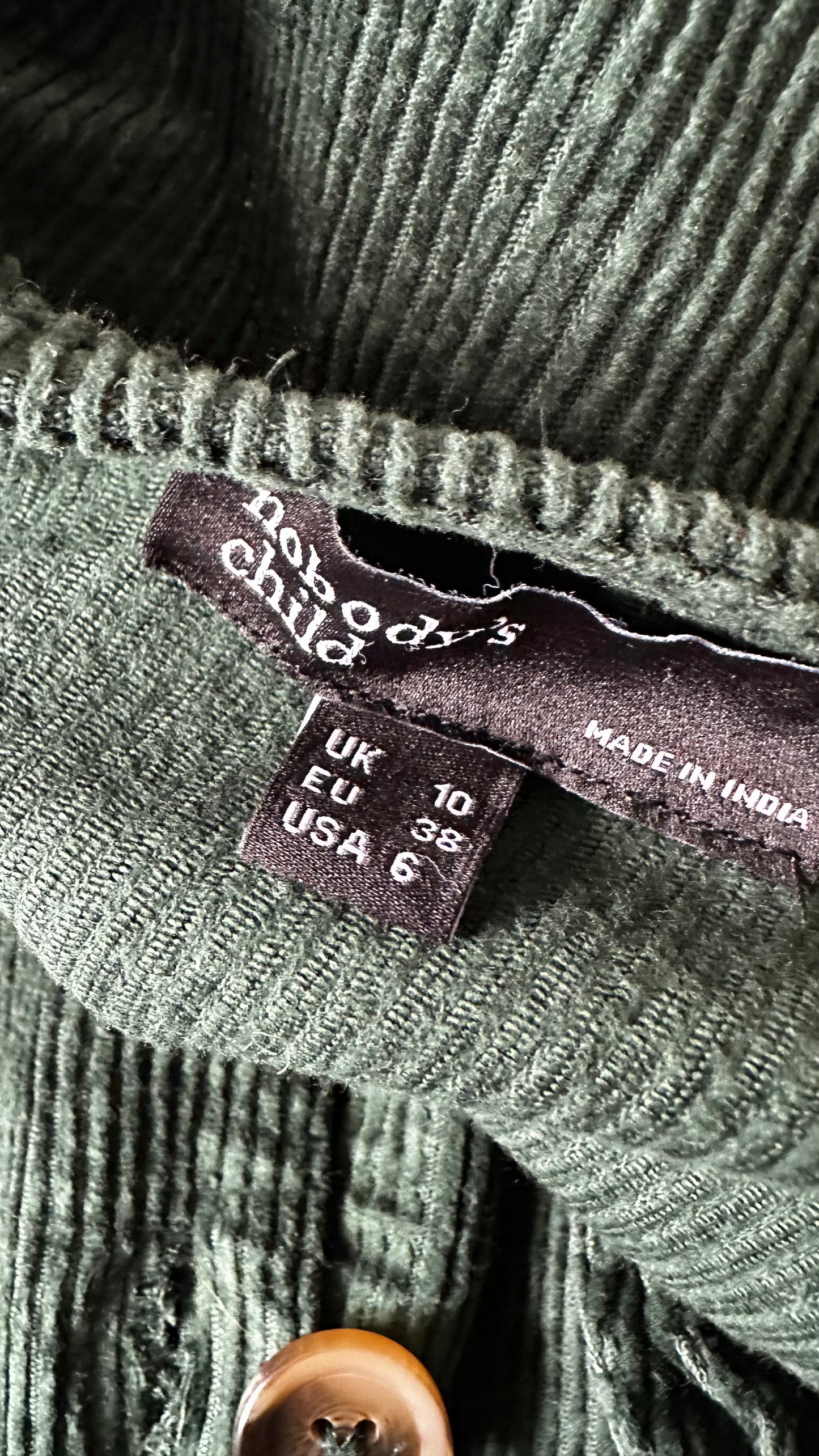 Nobody’s Child forest green corduroy mini button up dress small UK 10 vgc