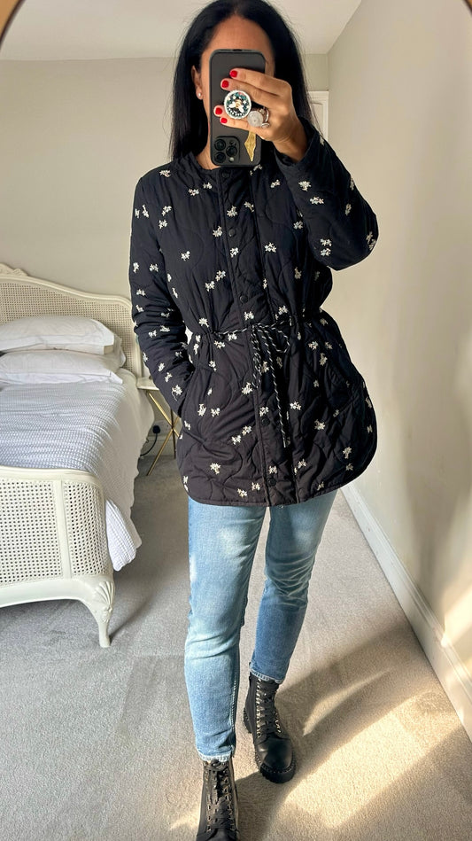 Second female @ Anthropologie black quilted embroidered jacket coat small UK 8-10 vgc w25