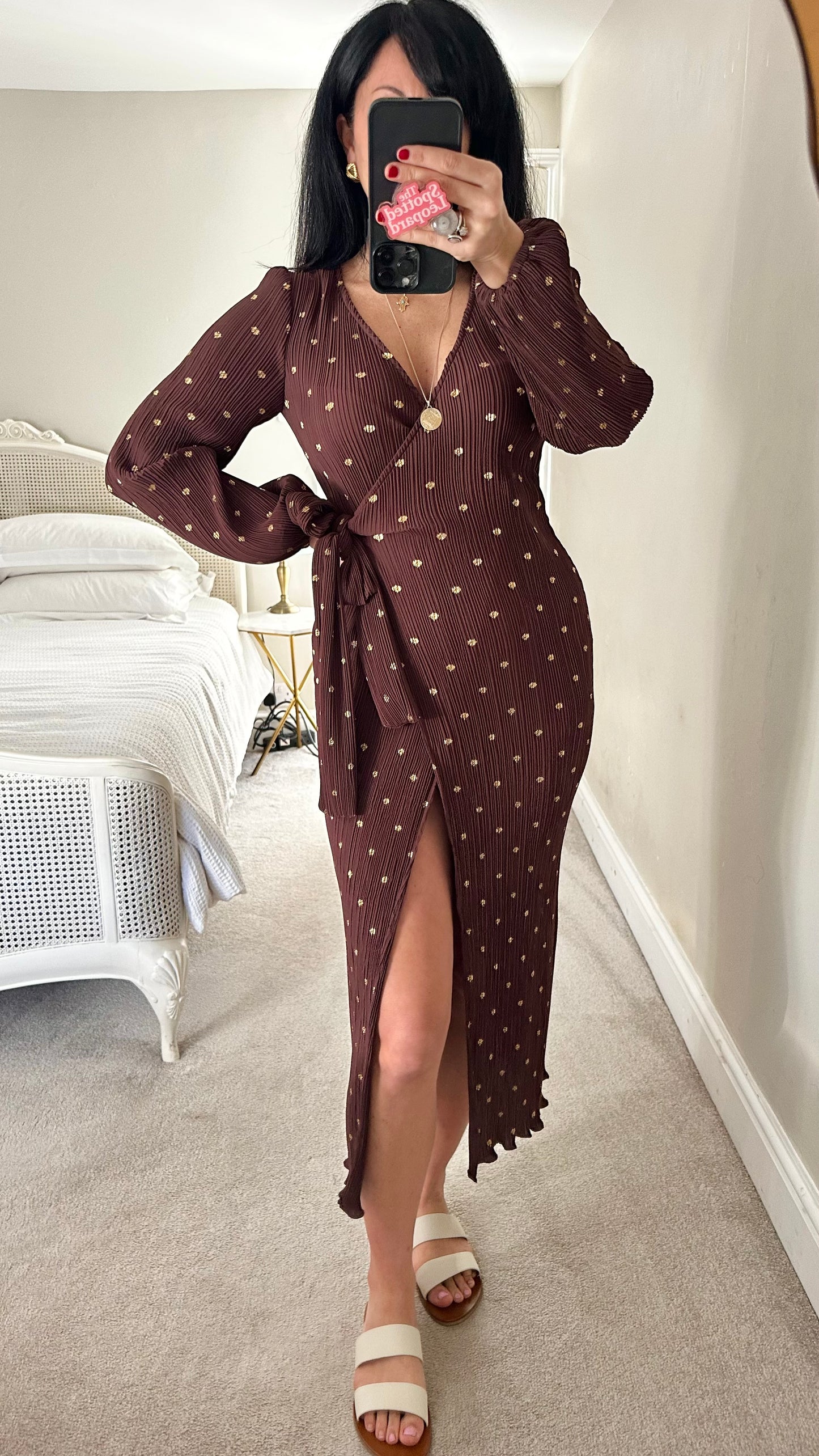 Never Fully Dressed brown gold polka dot plissé midi wrap dress extra small UK 6-8 vgc