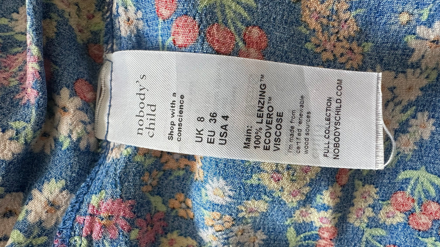 Nobody’s Child bright blue bee floral midi dress small medium UK 10 14 vgc