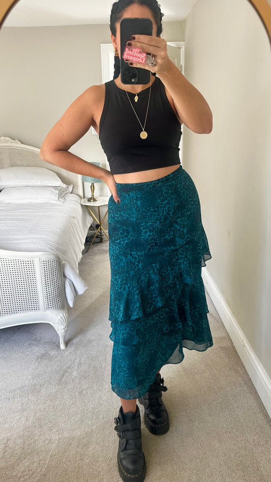 Whistle’s turquoise black animal print midi long skirt Medium UK 10 vgc event