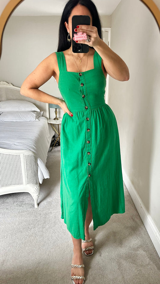 Feather & Bone @ Anthropologie green button up midi linen blend dress small UK 8 vgc