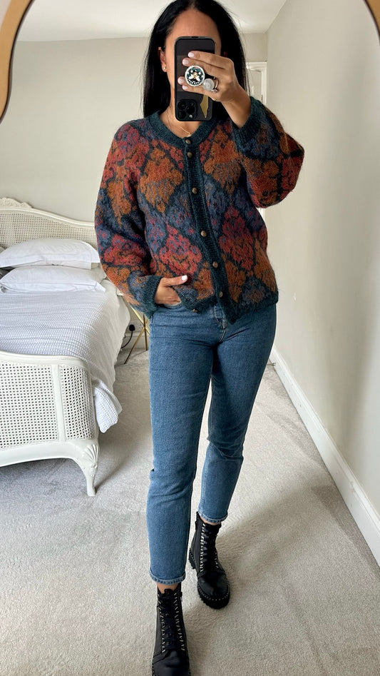 Vintage orange burnt orange navy blue patterned mohair blend jumper cardigan medium UK 10 vgc w25