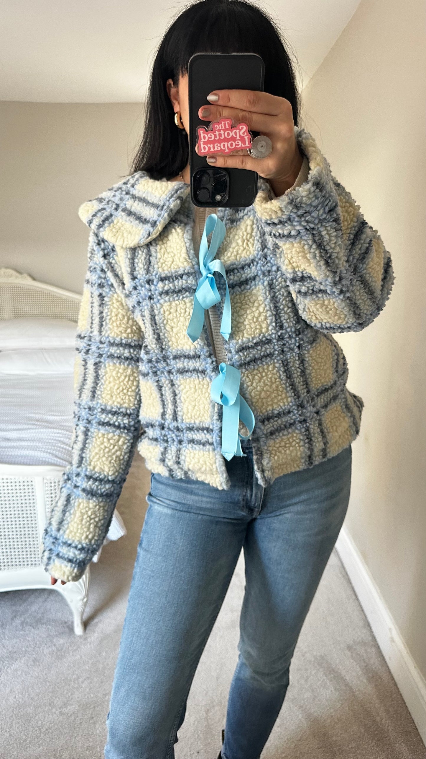 Damson Madder light blue cream gingham check tartan bow front coat fleece jacket medium UK 12 kitsch vgc