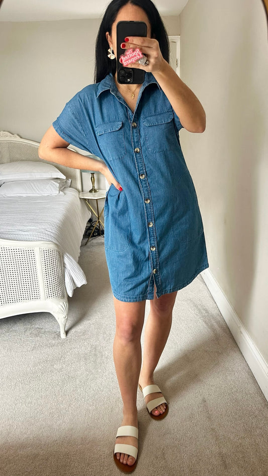 Albaray light blue denim button up mini shirt dress medium UK 12 vgc