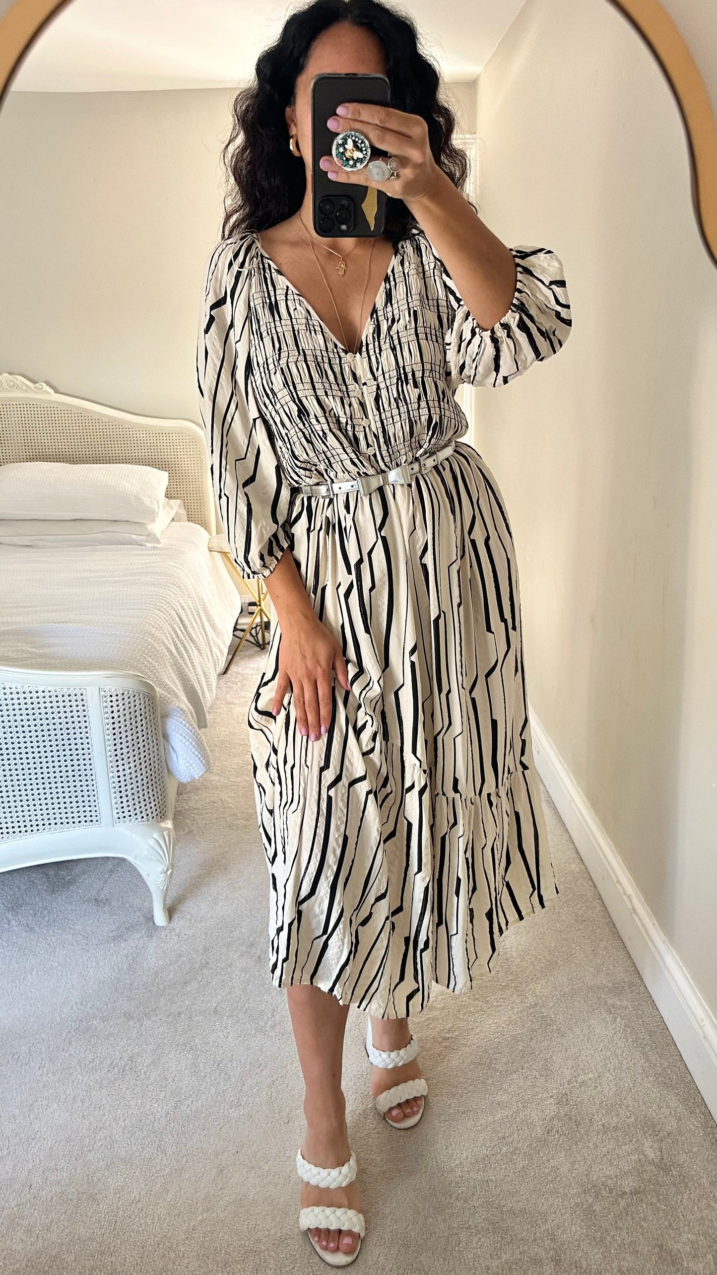 Oliver Bonas black cream stripe patterned midi long dress small medium UK 10 14 vgc