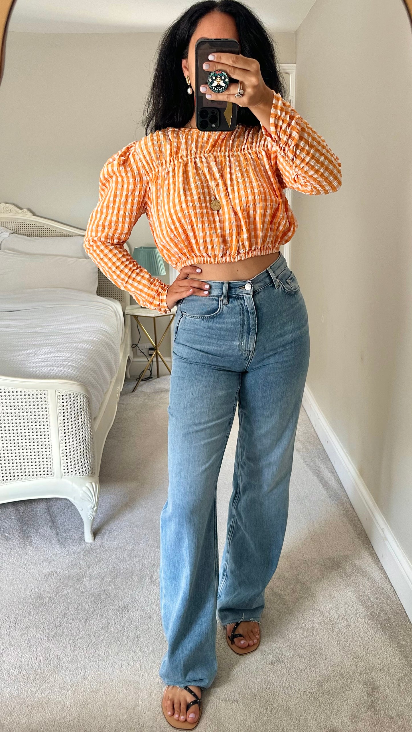 Zara orange white gingham check top rusched large UK 12 vgc