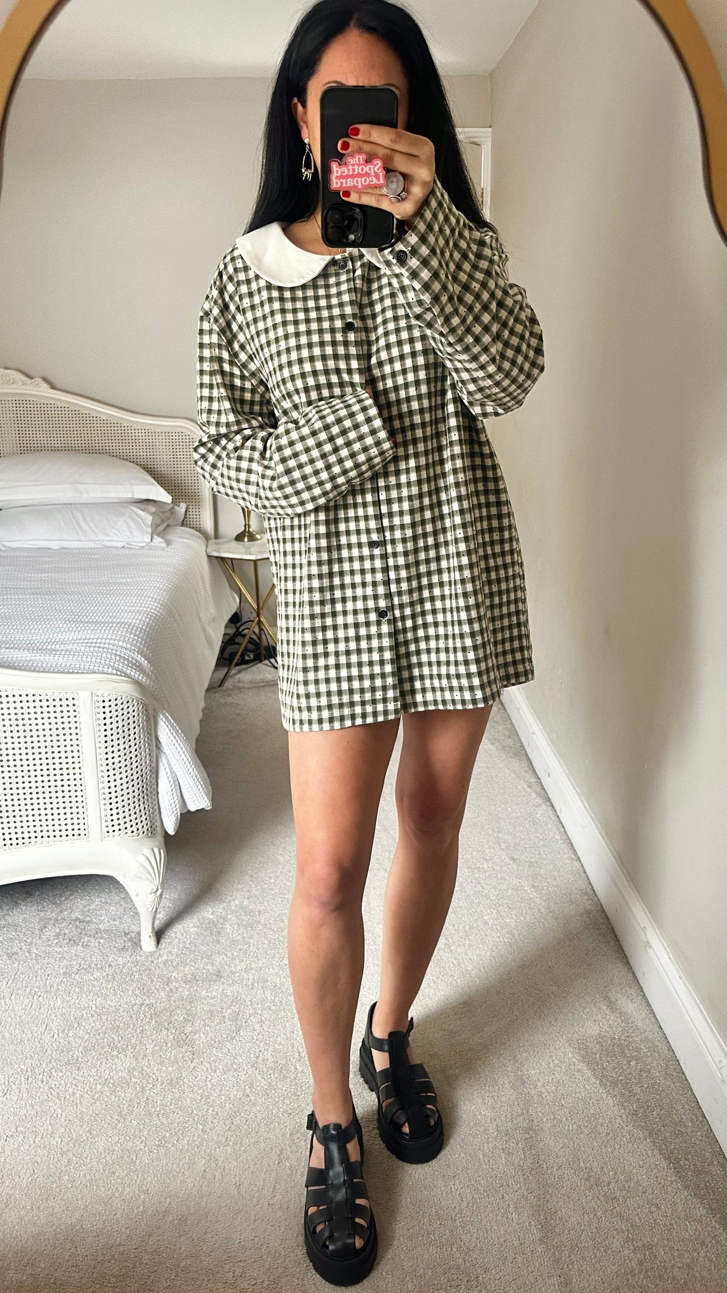 Sister Jane khaki green cream check gingham shirt dress mini medium UK 12