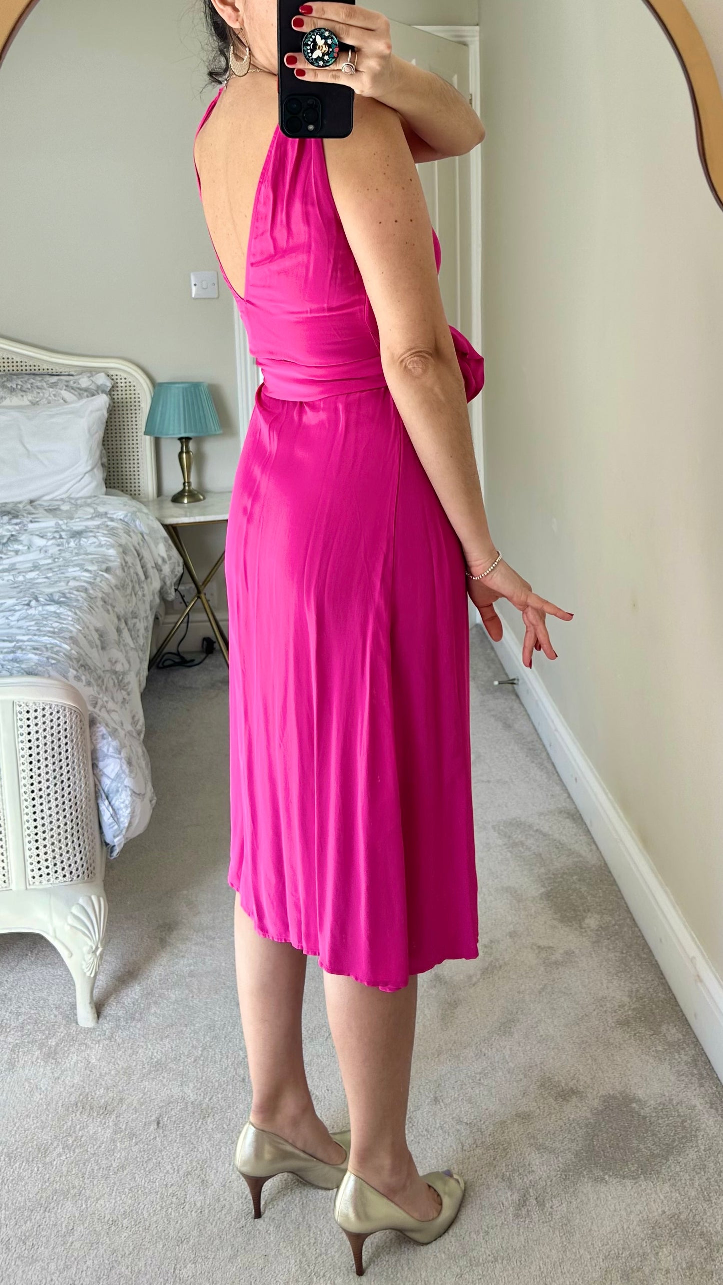 & other stories fuschia pink wrap wedding guest midi dress small xs UK 6