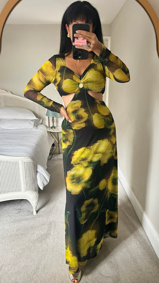Topshop black acid yellow floral cut out maxi event dress small S UK 8-10 excellent used condition