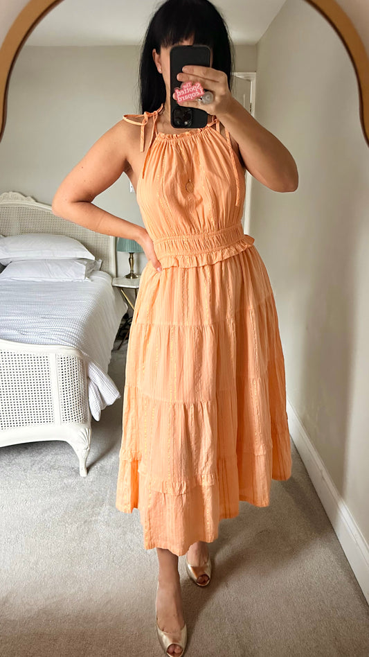 Oliver Bonas Orange gold stripe holiday midi long dress medium UK 12 vgc
