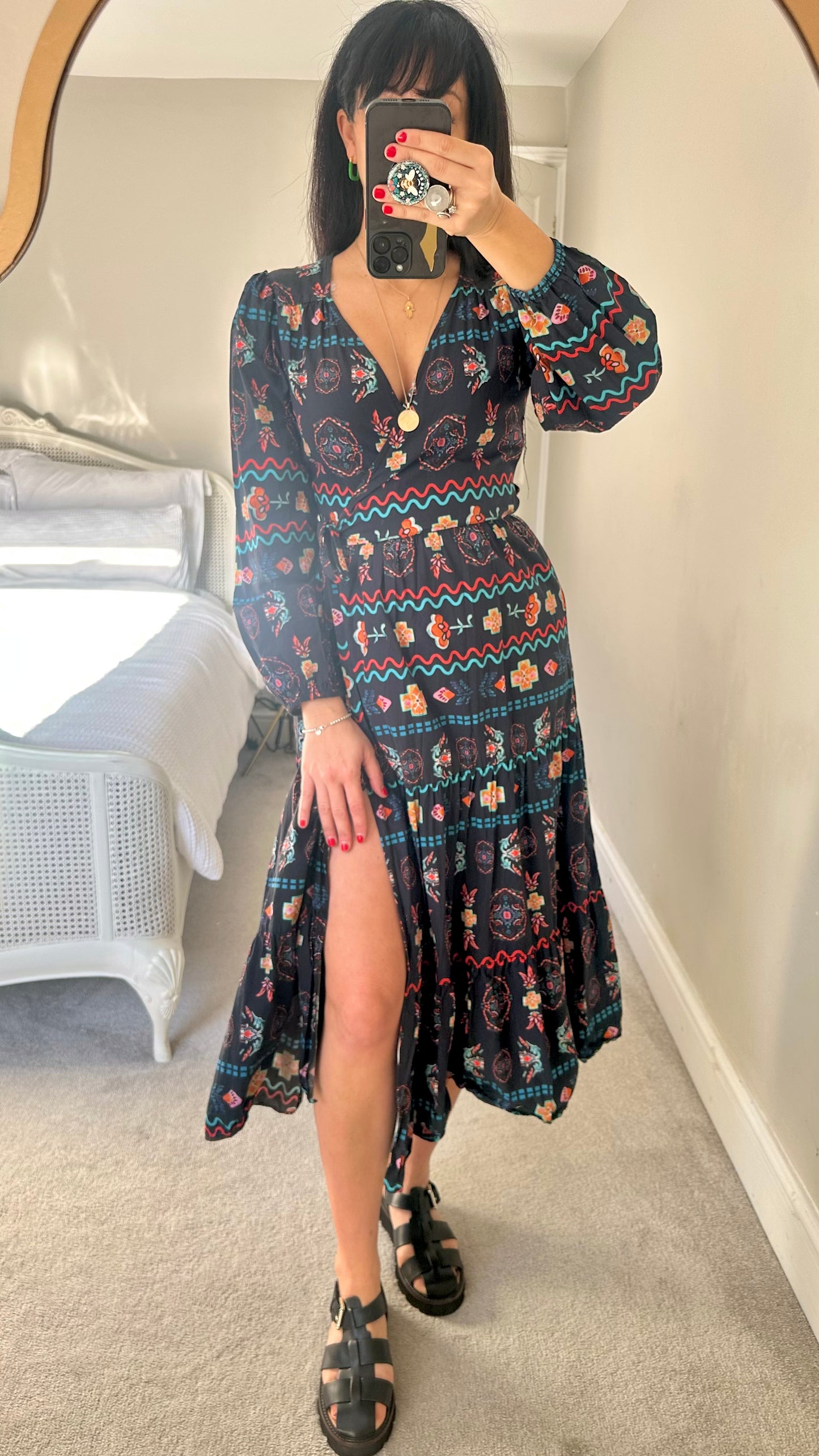 Never Fully Dressed black orange wrap midi long dress large UK 12 vgc