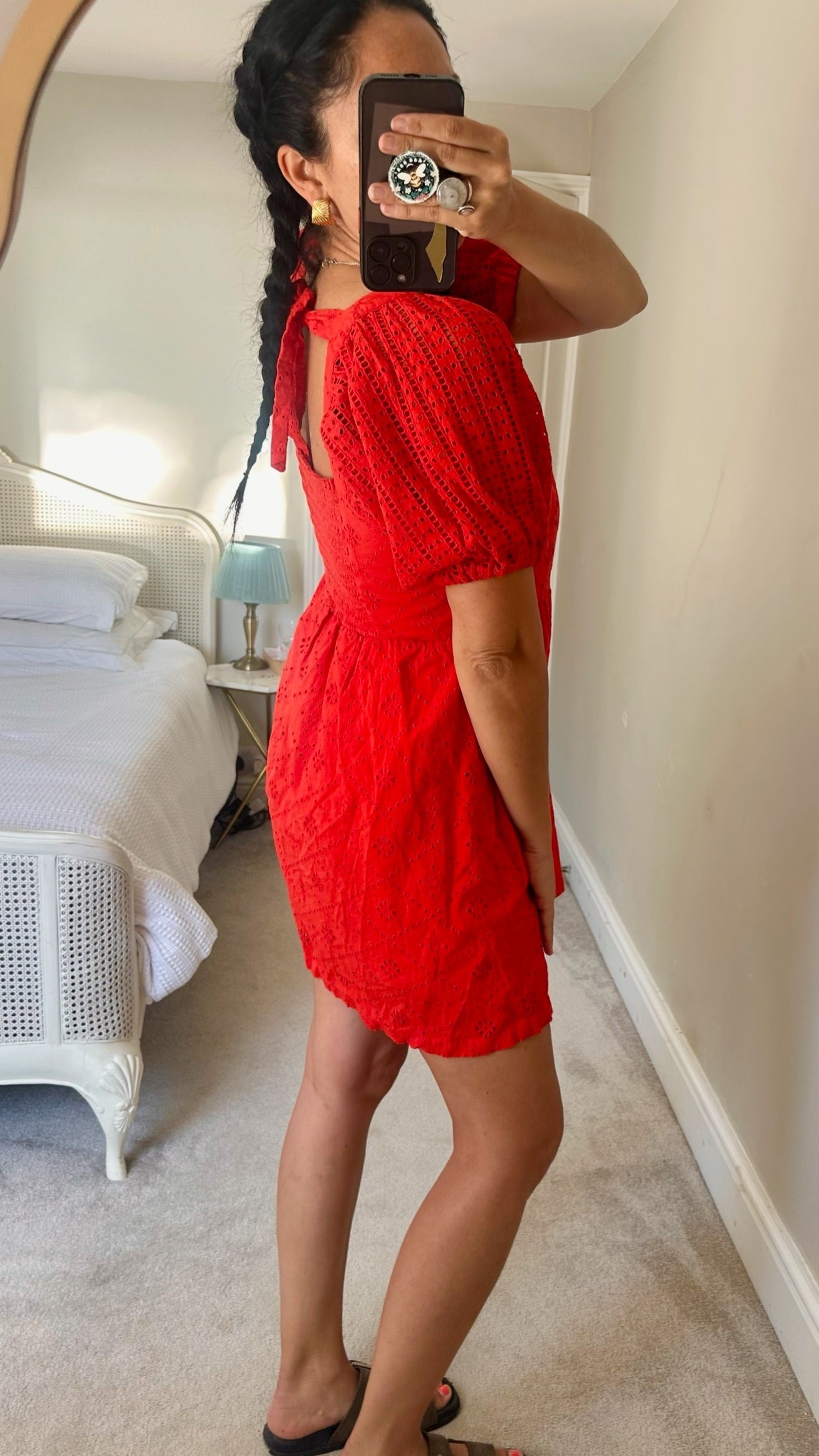 Oliver bonas bright red orange broderie anglaise holiday mini dress small UK 10 vgc