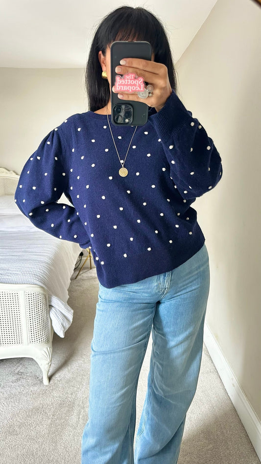 & Other stories navy blue white polka dot wool blend jumper large L UK 12-14 excellent condition