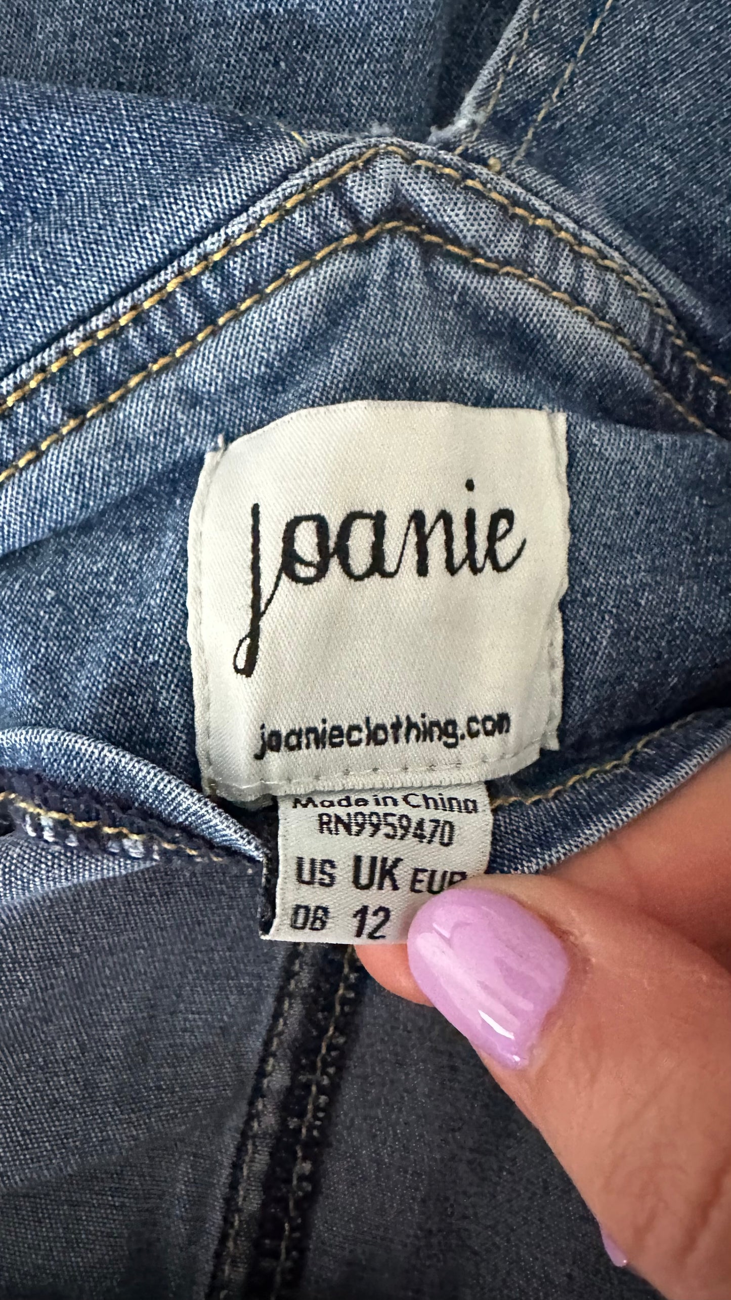 Joanie blue denim jeans dungarees jumpsuit UK 10-12 stretch trousers medium vgc