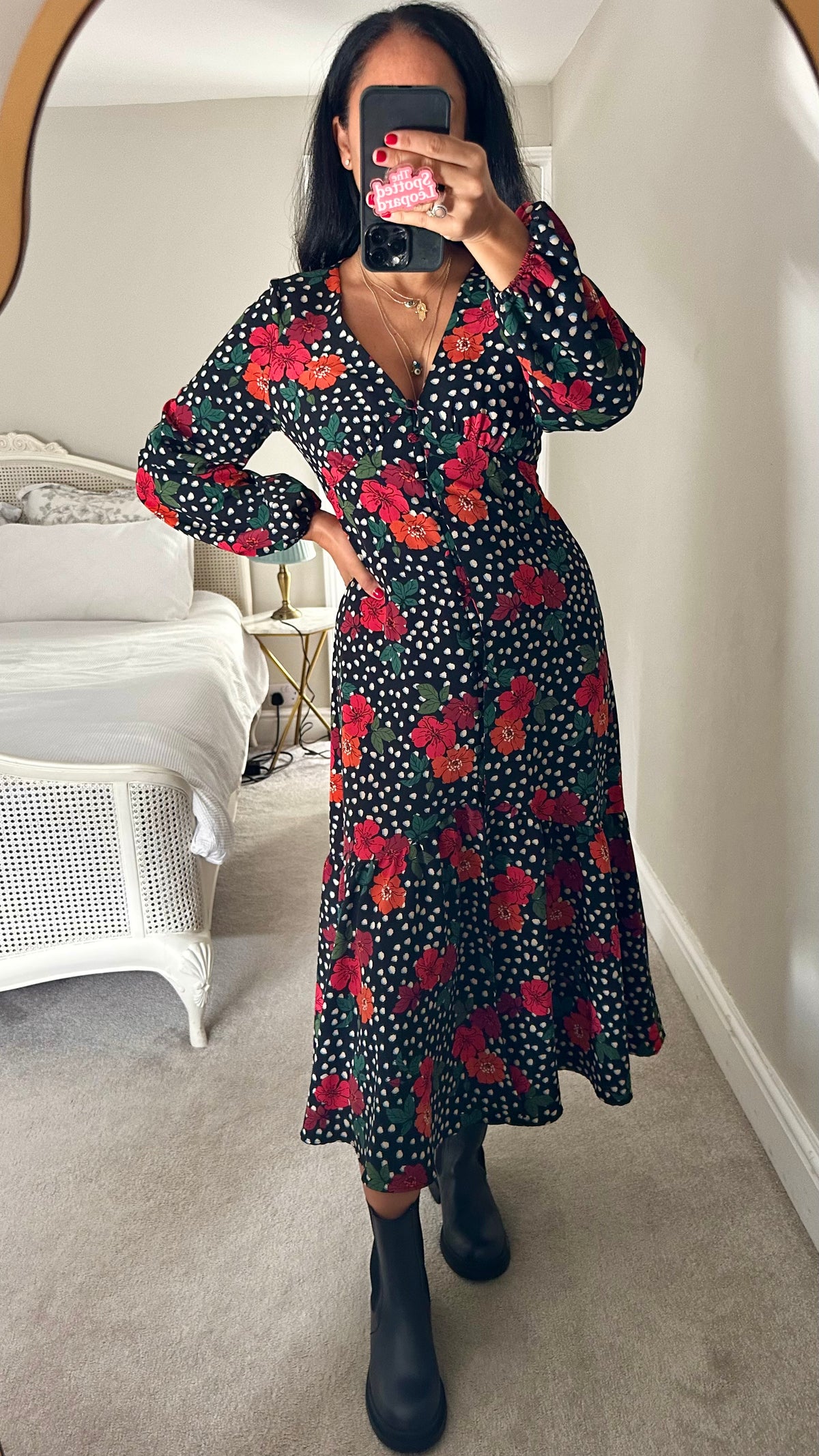 Topshop black red Polk dot midi long dress medium UK 12 vgc