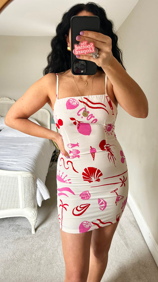 ASOS cream pink red shell print mini dress small UK 8 holiday