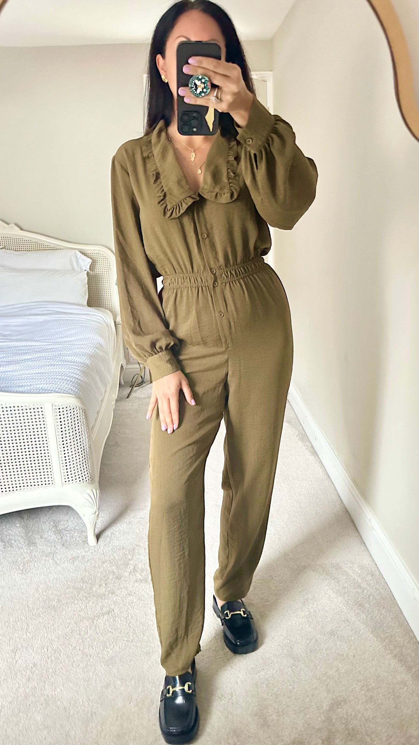 Warehouse olive green khaki jumpsuit trousersuit medium large UK 12 vgc