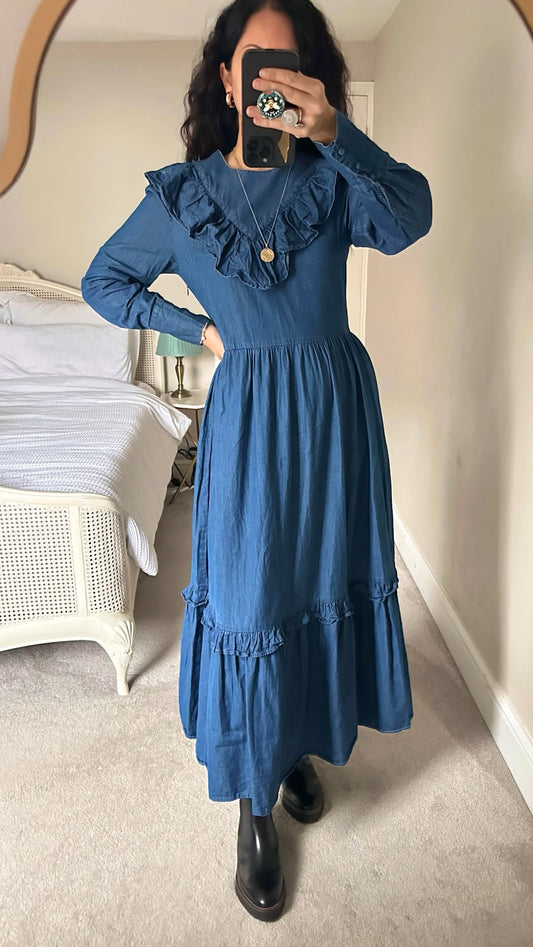 Selected Femme @ Anthropologie blue denim prairie maxi dress small S UK 8 vgc